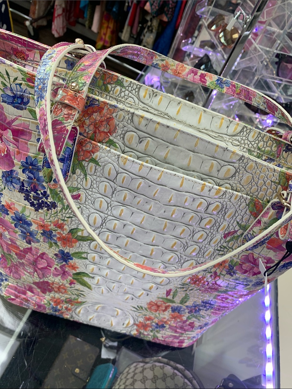 Brahmin White Croc-Embossed Floral Tote with Pink, Purple & Blue Accents - Picture 4 of 7